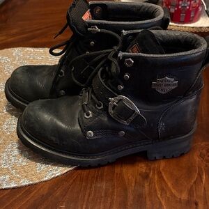 Harley-Davidson Black Leather Lace-Up Motorcycle Boots with Buckle